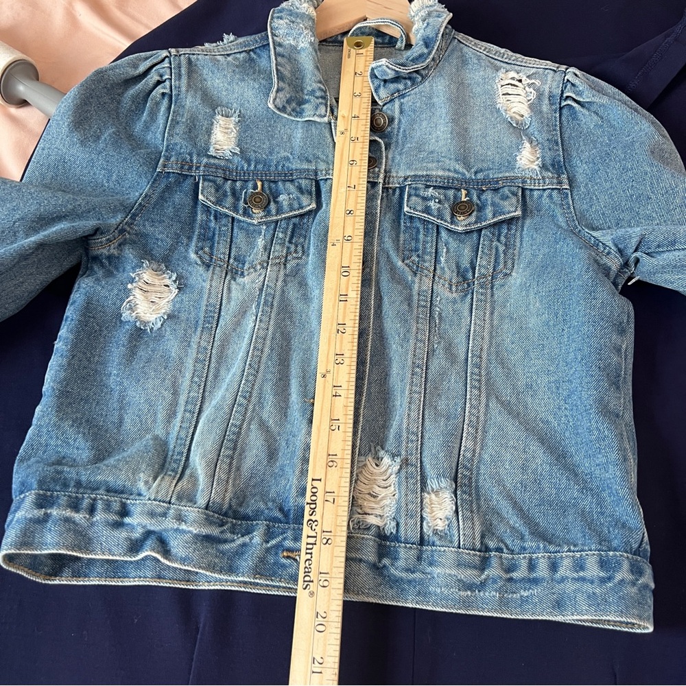 Moon River Light Blue Denim‎ Ripped Distressed Puff Shoulder Jean Jacket Size S - Picture 15 of 16